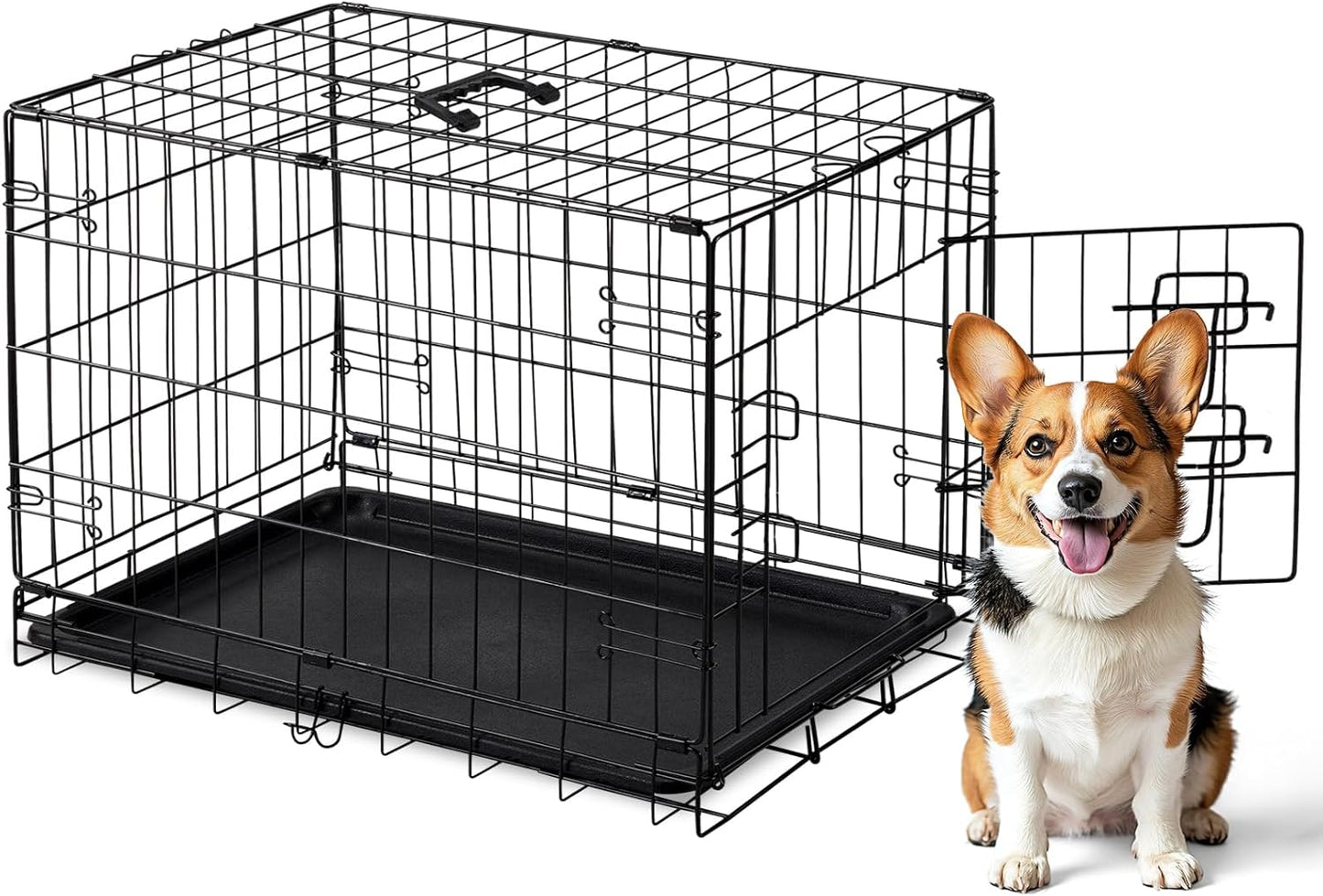 DUMOS Dog Crate, 36 Inch Medium Double Door Dog Cage with Divider Panel and Plastic Leak-Proof Pan Tray, Folding Metal Wire Pet Kennel for Indoor, Outdoor, Travel