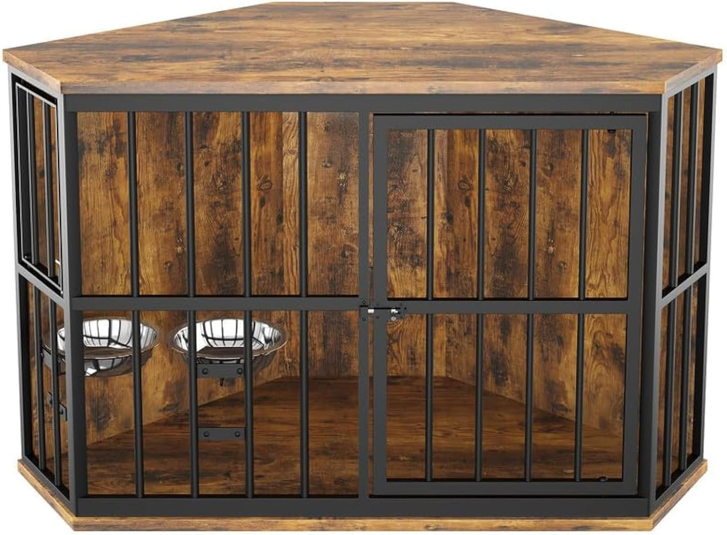 ROOMTEC Furniture Style Large Dog Crate with 360° & Adjustable Raised Feeder for Dogs 2 Stainless Steel Bowls -End Table House Pad, Indoor Use,41" L X 24" W 36" H, Classic Brown