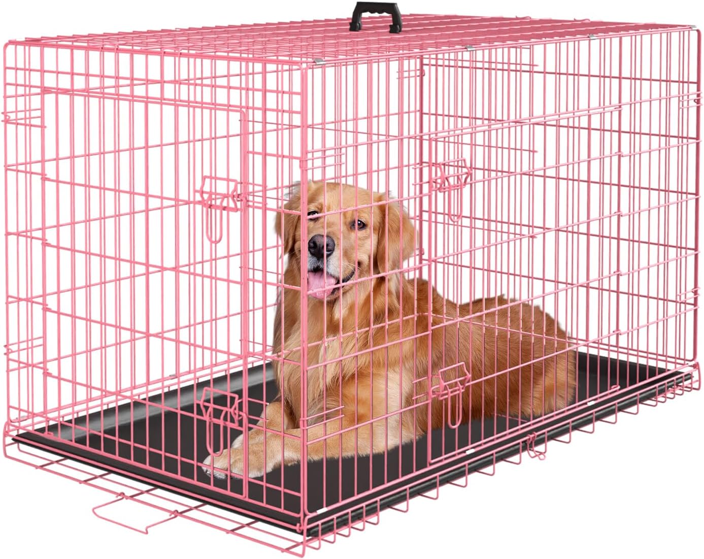 PayLessHere Small Dog Crate Kennel 24 inches Metal Dog Cage Double-Door Folding Travel Indoor Outdoor Puppy Playpen with Divider and Handle Plastic Tray,Black