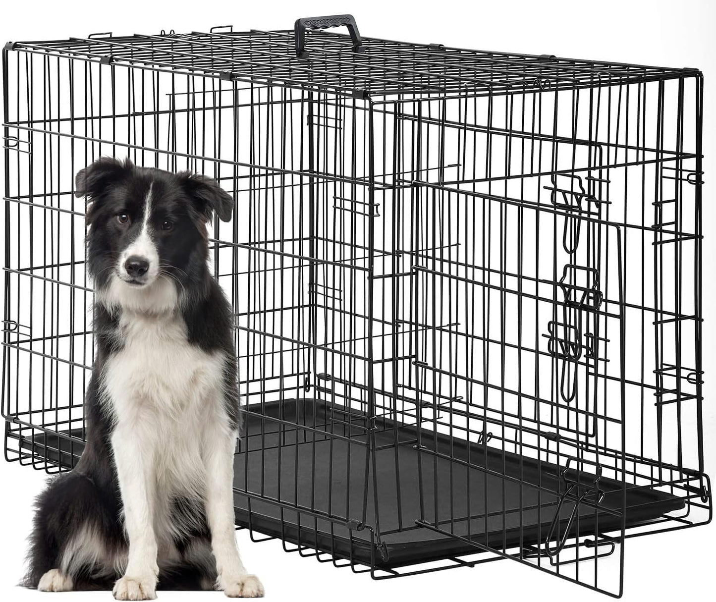 FDW Dog Crate Dog Kennel Cage with Double Door,36 inch Folding Metal Wire Dog Cage with Removable Tray&Divider Panel,Pet Crate for Medium Dogs,Black