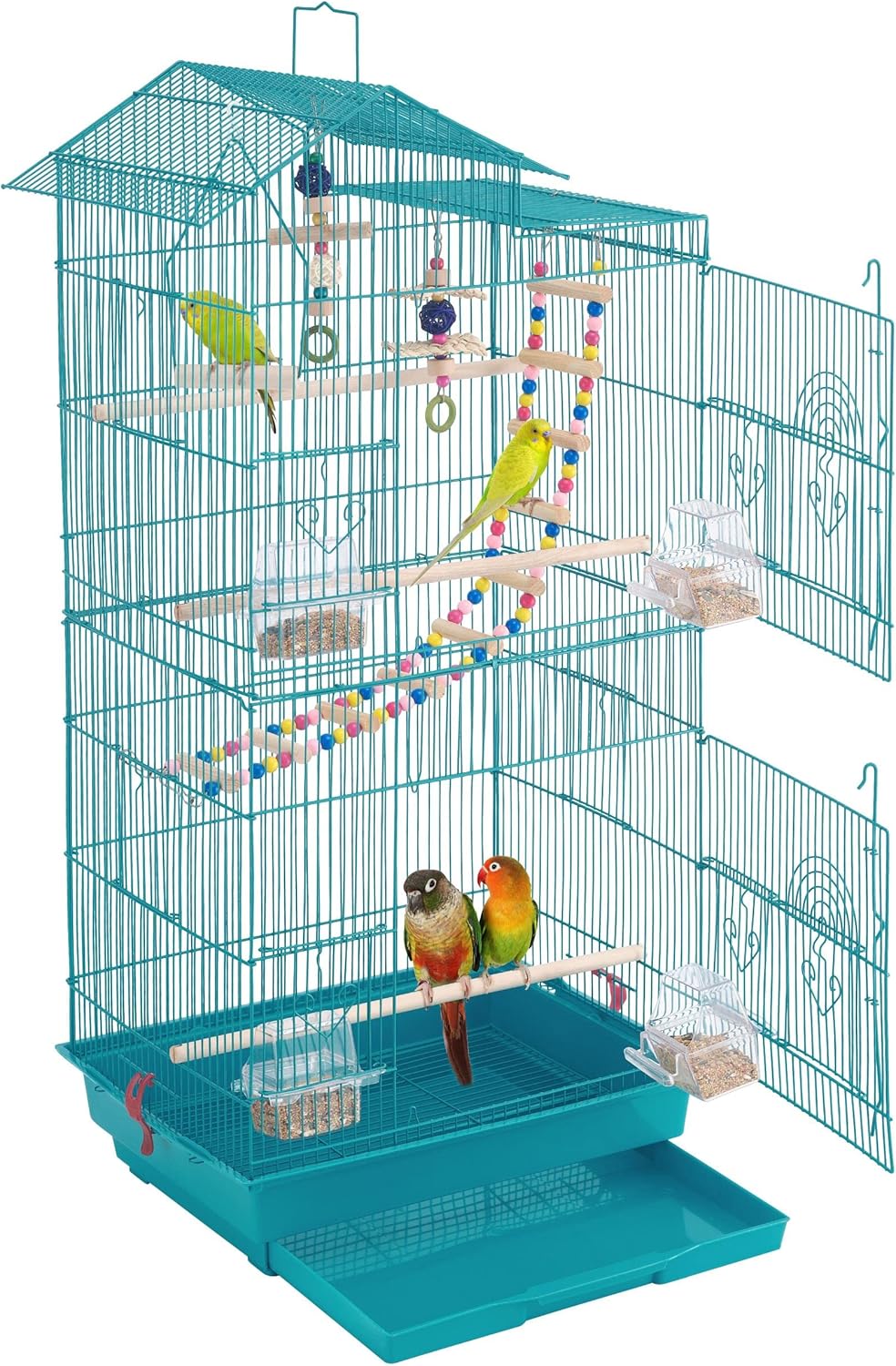 Yaheetech 39-inch Roof Top Medium Parakeet Bird Cages for Cockatiels Conures Finches Budgies Canaries Lovebirds Parakeets Green Cheek Small Birds Parrots, Travel Flight Birdcage w/Toys, White