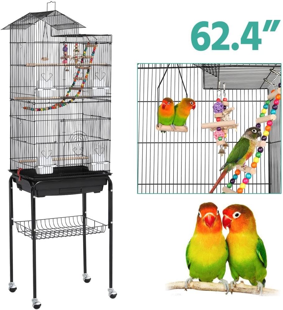 Yaheetech Bird Cage 64-inch Play Open Top Medium Small Parrot Parakeet Bird Cages with Detachable Rolling Stand for Parrot Lovebirds Finches Parakeets Budgie Parrotlet Conures, Pet Flight Birdcage