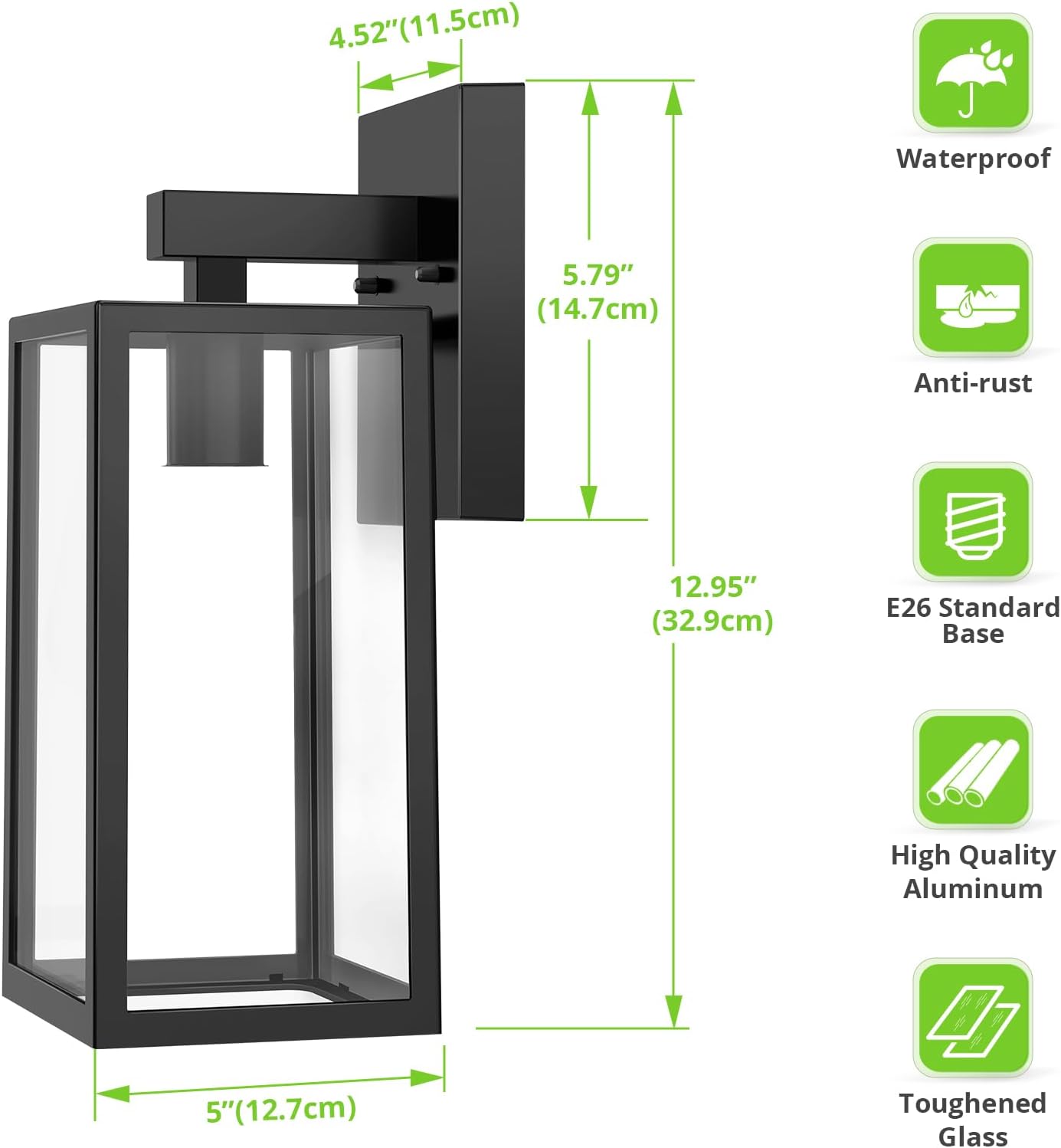 MAXvolador Outdoor Wall Sconce, Exterior Waterproof Wall Lantern Light Fixtures, Black Porch Lights with Toughened Glass Shade, Anti-Rust E26 Socket Front Door Mount Lighting, 2 Pack