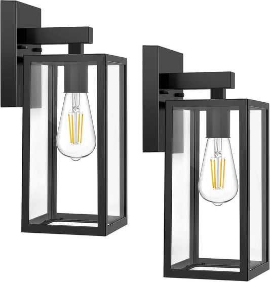 MAXvolador Outdoor Wall Sconce, Exterior Waterproof Wall Lantern Light Fixtures, Black Porch Lights with Toughened Glass Shade, Anti-Rust E26 Socket Front Door Mount Lighting, 2 Pack