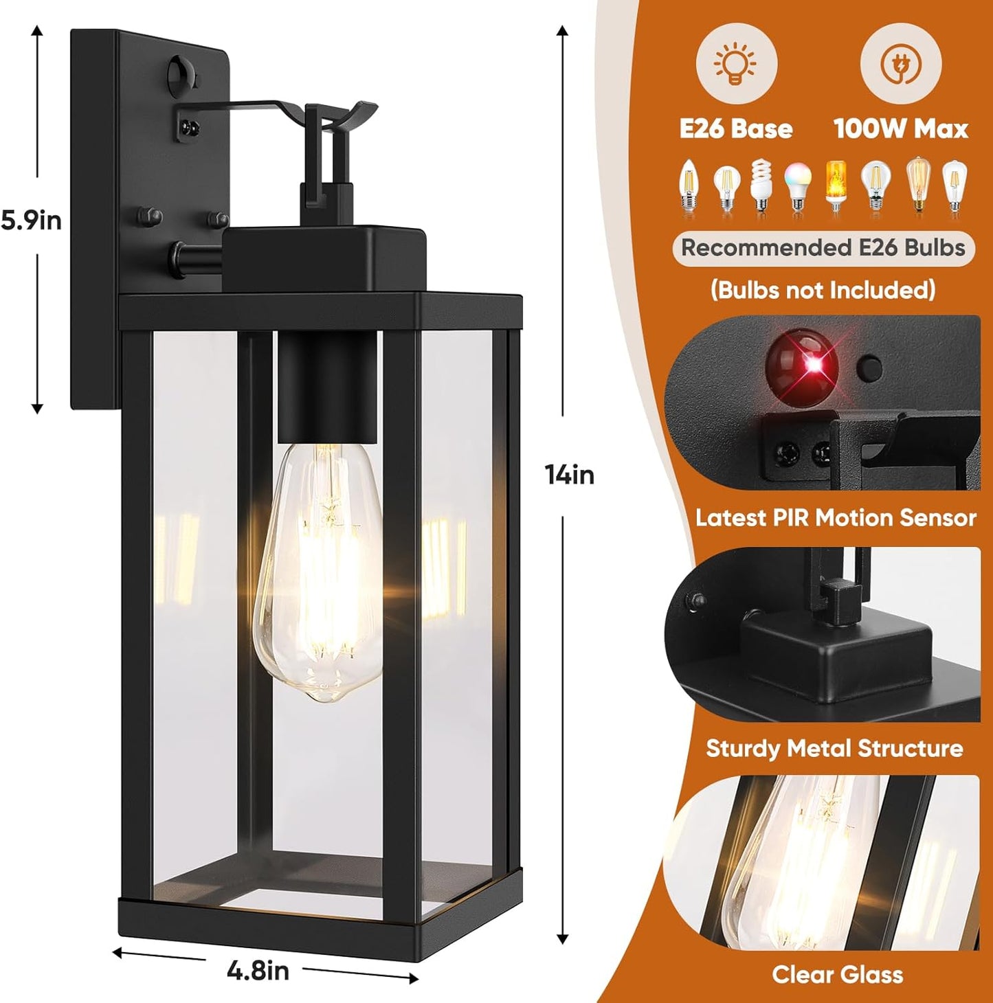 BesLowe 14” Upgraded Motion Sensor Outdoor Wall Lights, Dusk to Dawn Porch Lights Outdoor Wall Sconces, 3 Lighting Modes Exterior Lighting Fixtures with Hooks, Black Outside Lights for House, 2-Pack