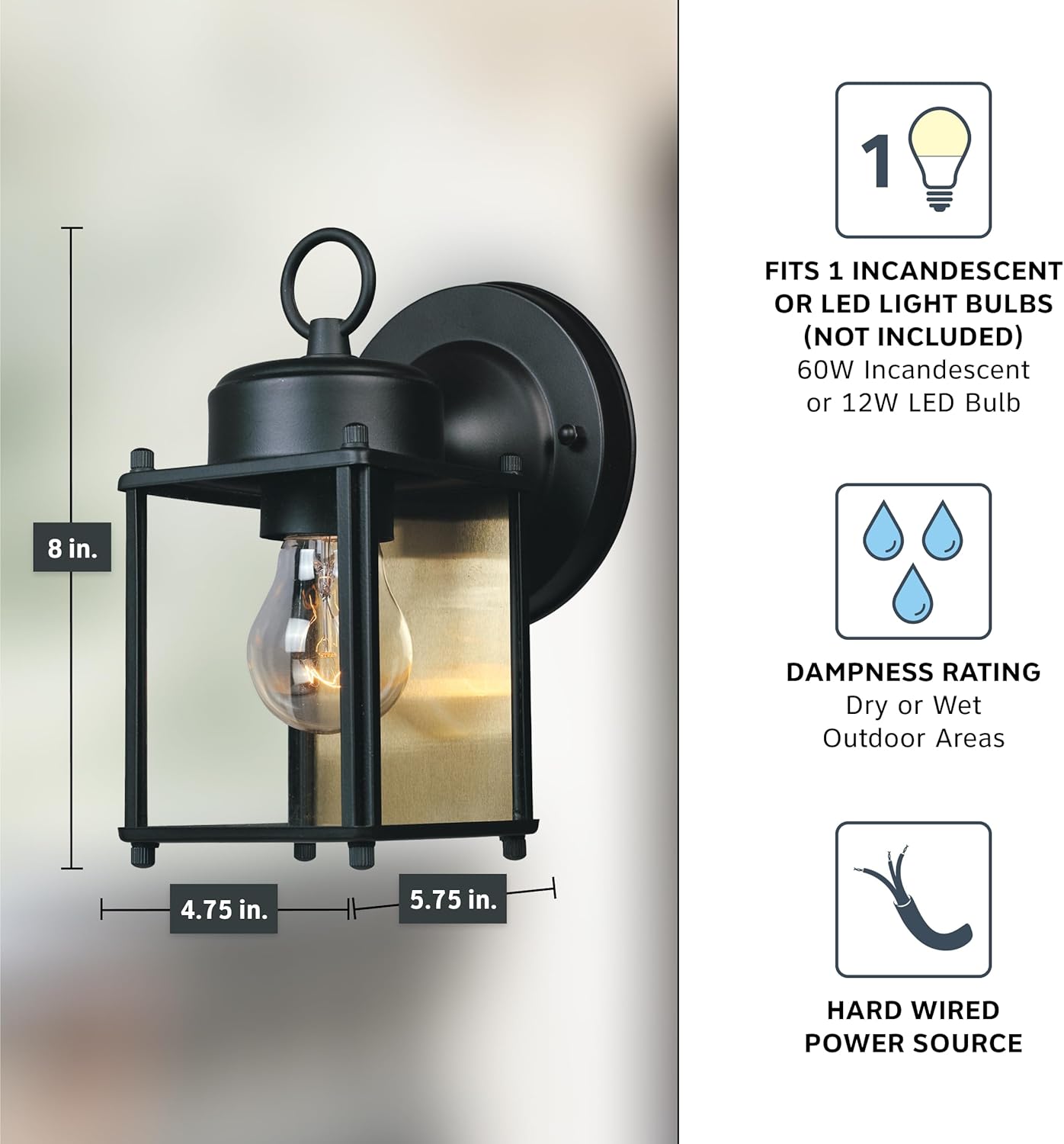 DESIGNERS FOUNTAIN Preston Outdoor Light Fixture, 8 Inch, Exterior Wall Mount Lantern Sconce, Clear Glass Porch Lights for Front Door, Patio, and House Garage, Black, 1161-BK