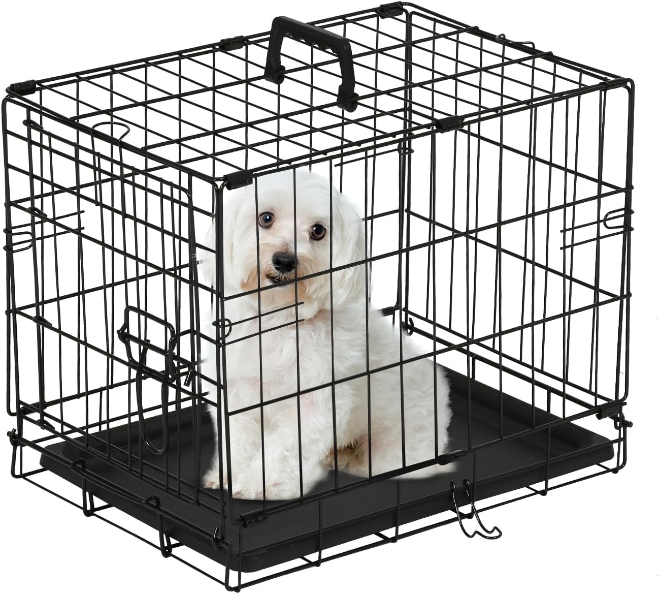 PayLessHere Small Dog Crate Kennel 24 inches Metal Dog Cage Double-Door Folding Travel Indoor Outdoor Puppy Playpen with Divider and Handle Plastic Tray,Black