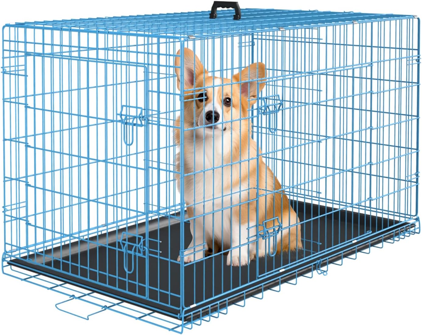 PayLessHere Small Dog Crate Kennel 24 inches Metal Dog Cage Double-Door Folding Travel Indoor Outdoor Puppy Playpen with Divider and Handle Plastic Tray,Black