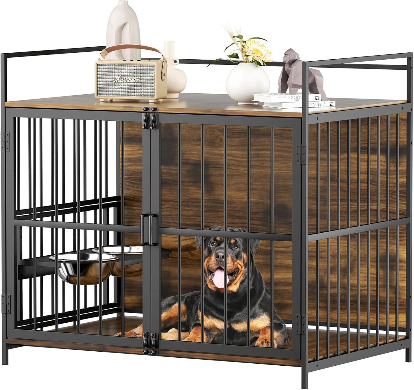 ROOMTEC Furniture Style Large Dog Crate with 360° & Adjustable Raised Feeder for Dogs 2 Stainless Steel Bowls -End Table House Pad, Indoor Use,41" L X 24" W 36" H, Classic Brown