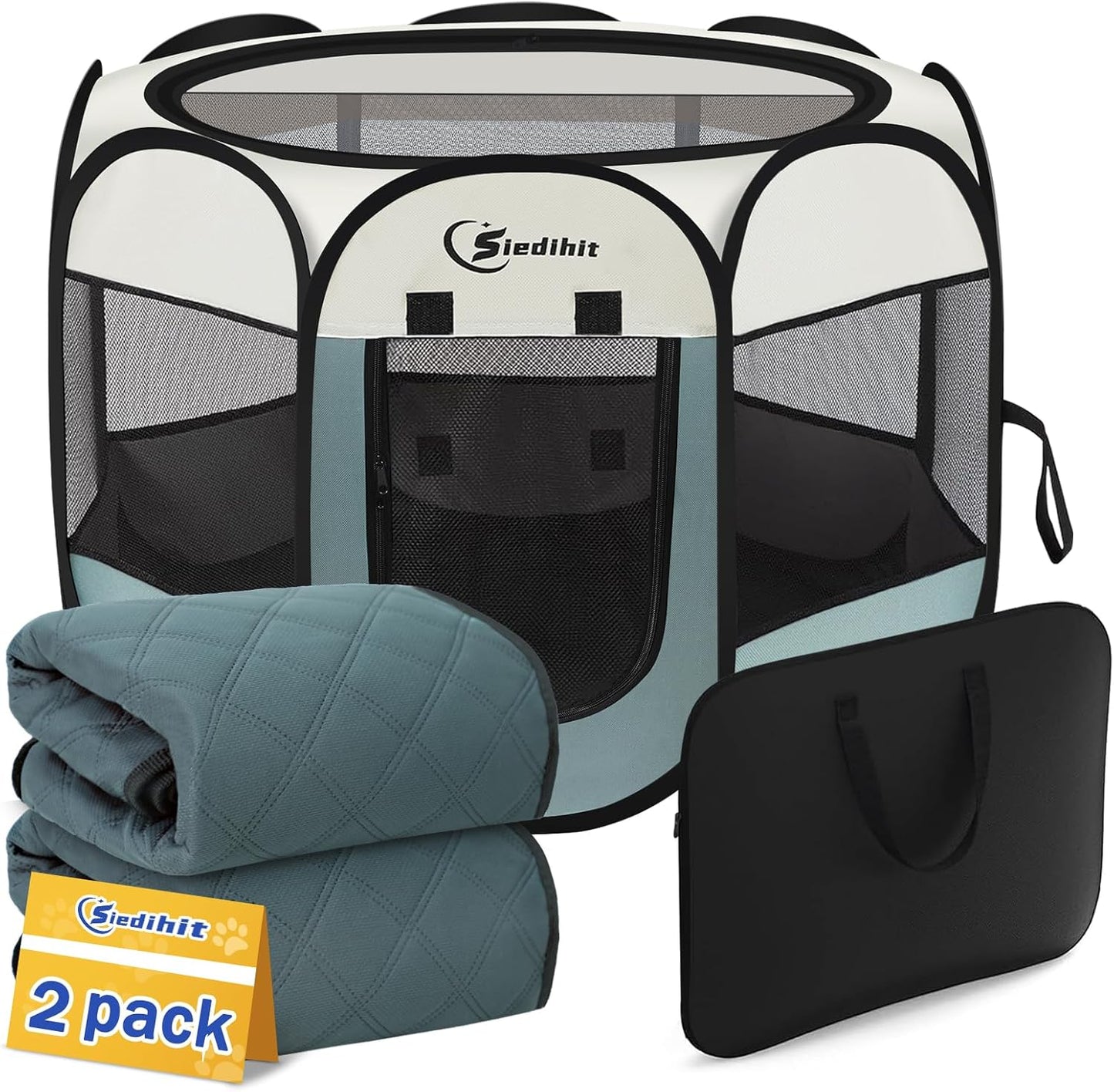 Dog Cat Playpen, Puppy Pet Playpen Indoor for Small Dogs Tent Crates Cage Outdoor, Portable Pop Up Dog Kennel Playpen with Carrying Case for Dogs/Cats/Rabbits, Removable Zipper Top, Grey