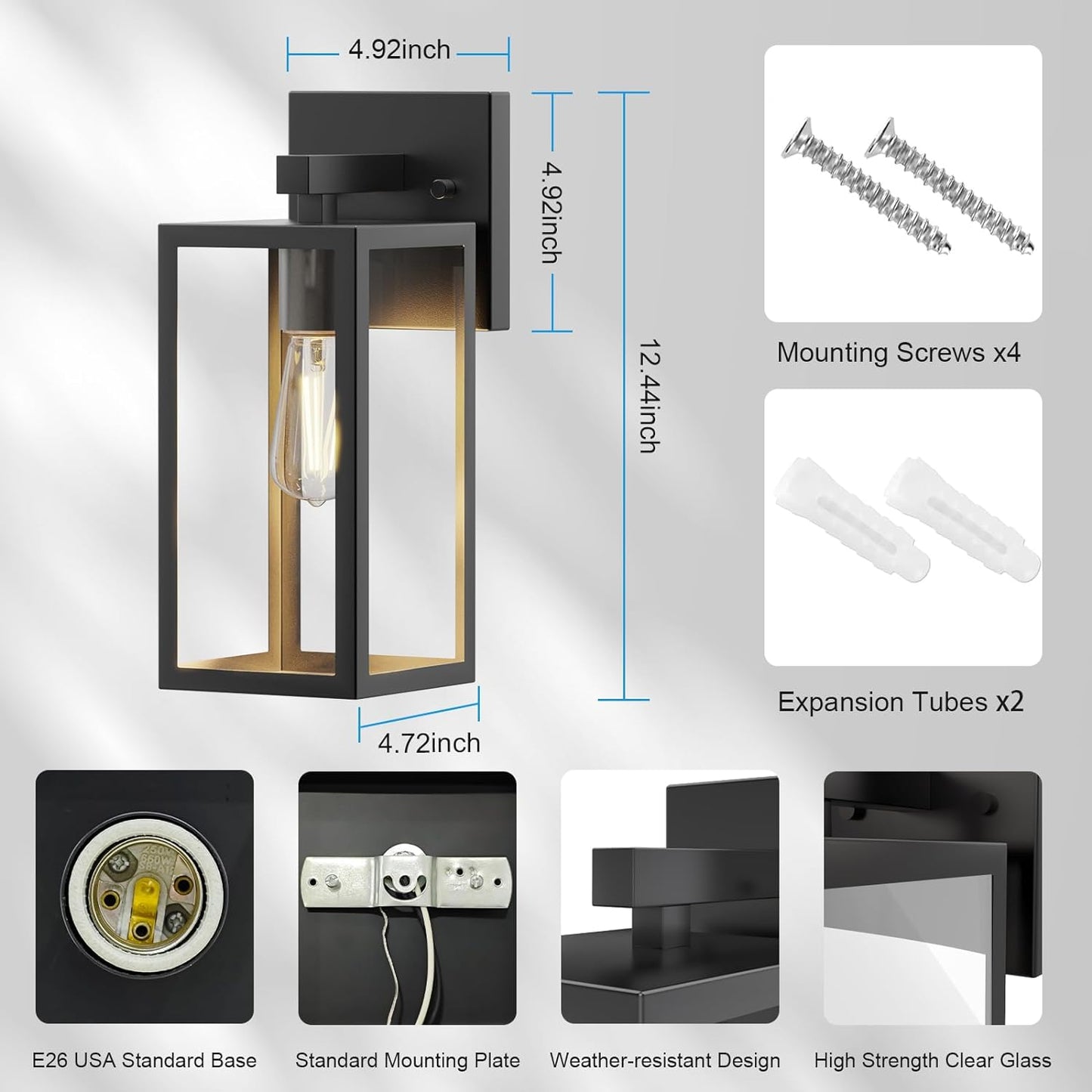 Outdoor Wall Lights, 12.4 Inch Waterproof Lanterns with Frame and Clear Glass Shade, Exterior Front Porch Lights Matte Black Wall Sconce, Modern Mounted Lighting for Patio Entryway Hallway, 2 Pack