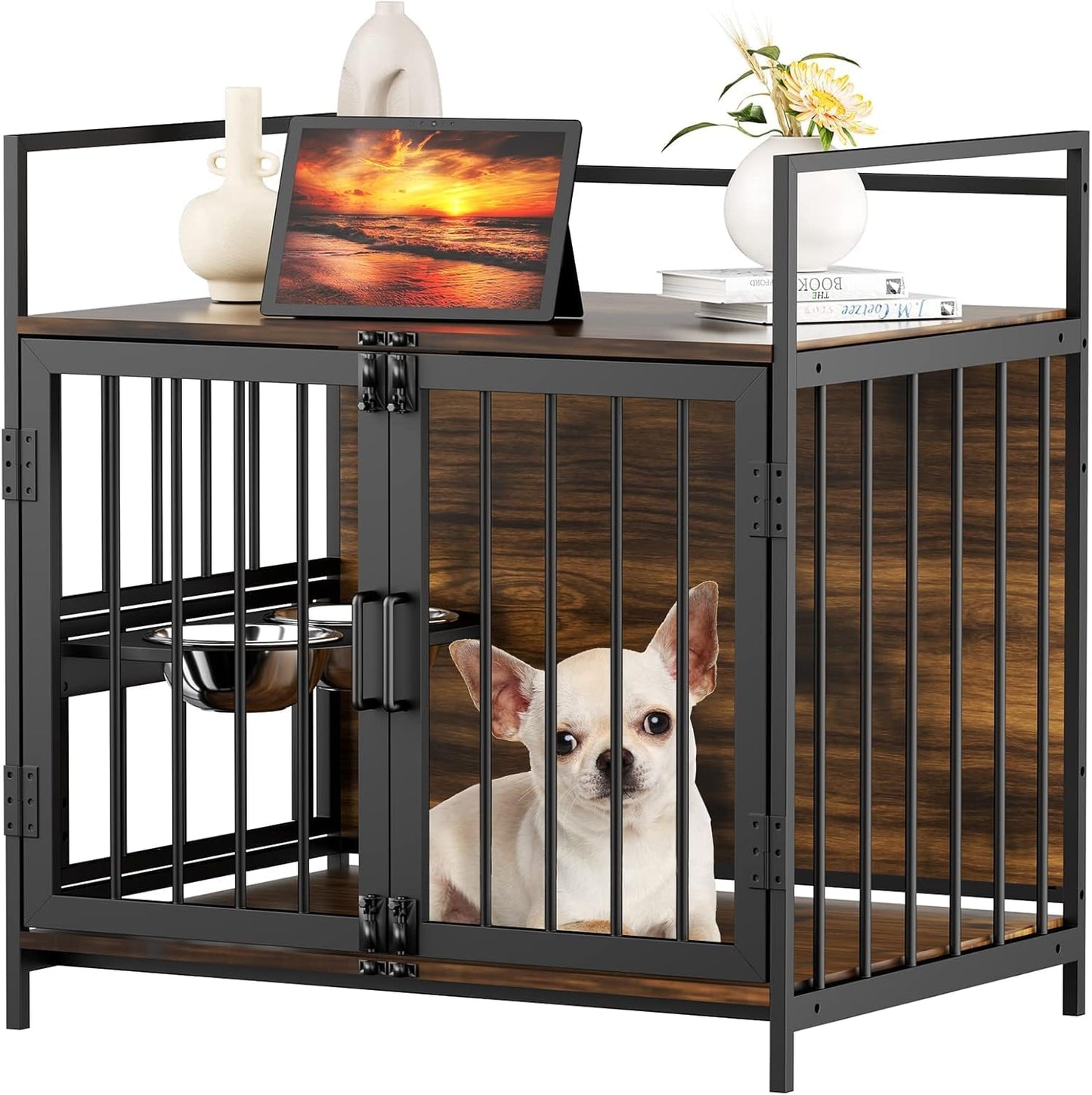 ROOMTEC Furniture Style Large Dog Crate with 360° & Adjustable Raised Feeder for Dogs 2 Stainless Steel Bowls -End Table House Pad, Indoor Use,41" L X 24" W 36" H, Classic Brown