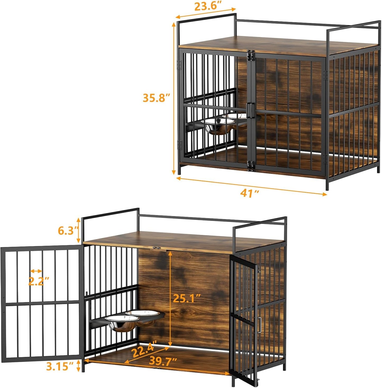 ROOMTEC Furniture Style Large Dog Crate with 360° & Adjustable Raised Feeder for Dogs 2 Stainless Steel Bowls -End Table House Pad, Indoor Use,41" L X 24" W 36" H, Classic Brown