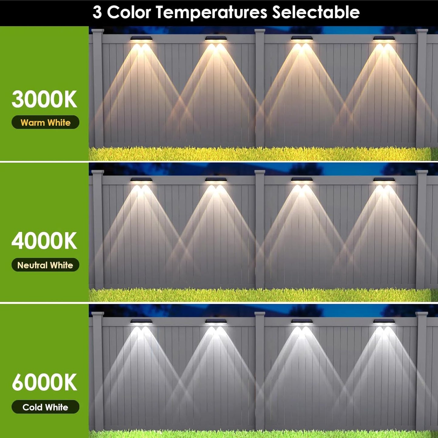 Solar Fence Lights Outdoor - 2700/4000/6000K 3 Mode, Solar Fence Lights Outdoor Waterproof LED, Fence Light Solar Powered for Outside, Backyard/Railing/Step/Patio/Wall and Home Improvement(8 Pack)