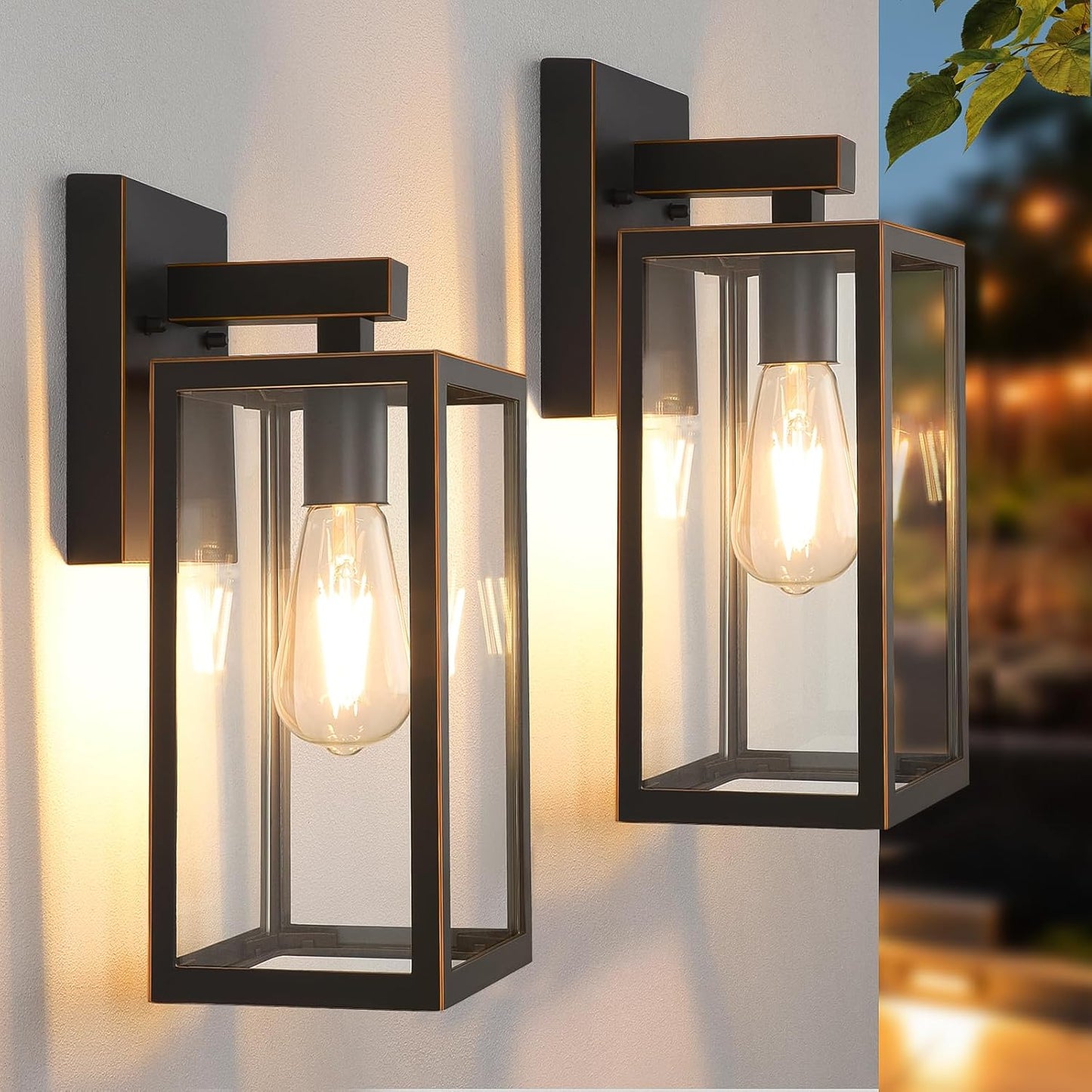 MAXvolador Outdoor Wall Sconce, Exterior Waterproof Wall Lantern Light Fixtures, Black Porch Lights with Toughened Glass Shade, Anti-Rust E26 Socket Front Door Mount Lighting, 2 Pack