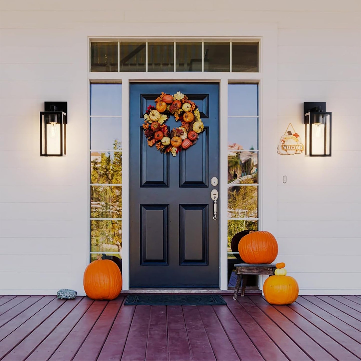 Outdoor Wall Lights, 12.4 Inch Waterproof Lanterns with Frame and Clear Glass Shade, Exterior Front Porch Lights Matte Black Wall Sconce, Modern Mounted Lighting for Patio Entryway Hallway, 2 Pack