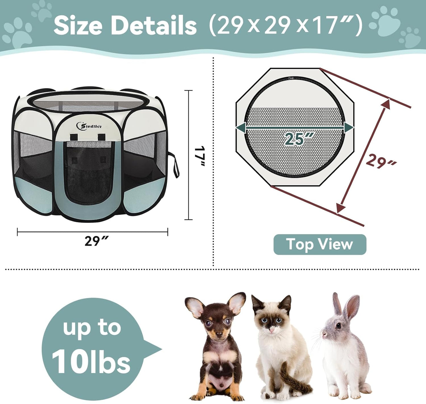 Dog Cat Playpen, Puppy Pet Playpen Indoor for Small Dogs Tent Crates Cage Outdoor, Portable Pop Up Dog Kennel Playpen with Carrying Case for Dogs/Cats/Rabbits, Removable Zipper Top, Grey