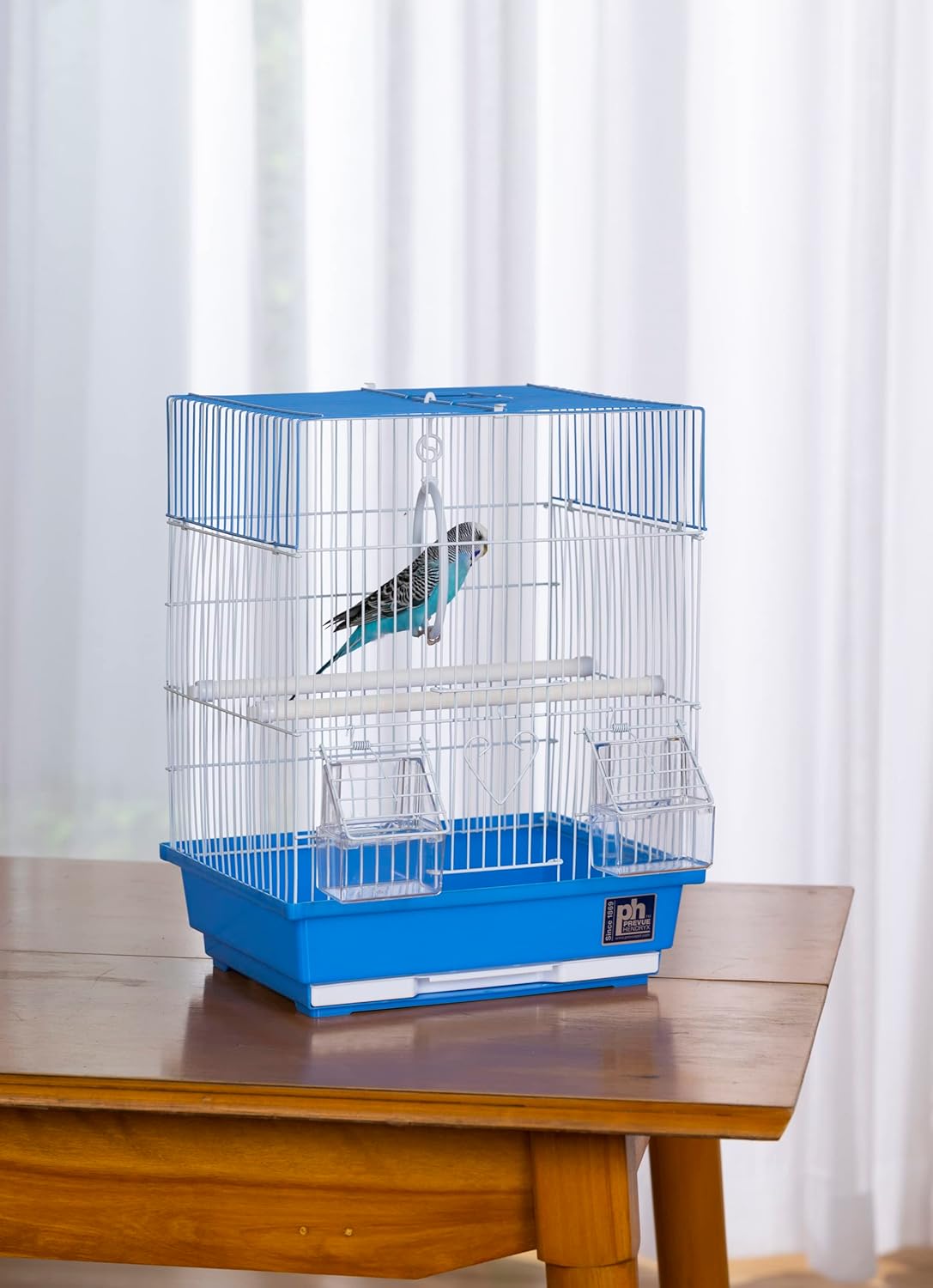 Prevue Pet Products Flat Top Economy Parakeet and Small Bird Cage with White Wire, Blue Plastic Base with Removable Tray