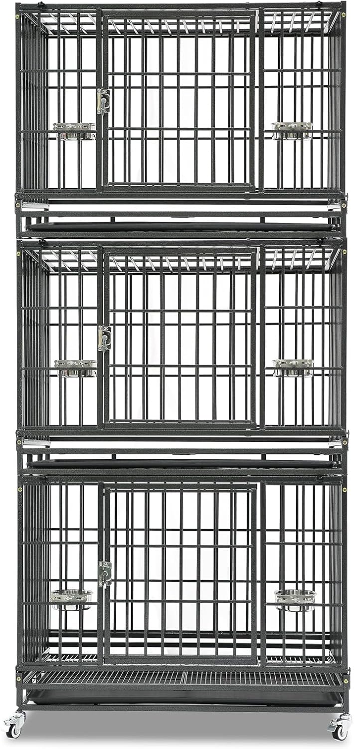 Homey Pet 37 inch Stackable Heavy Duty Dog Crate, Indestructible Escape Proof Dogs Cage Kennel with Lockable Wheels, Removable Tray & Metal Grid, Double Doors for High Anxiety Medium/Small Dogs