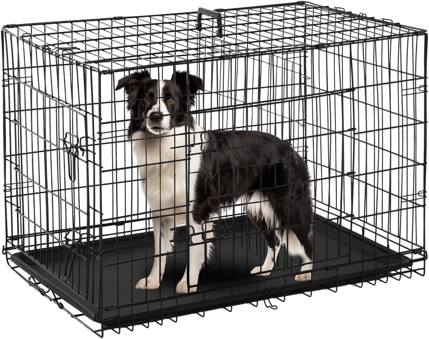 PayLessHere Small Dog Crate Kennel 24 inches Metal Dog Cage Double-Door Folding Travel Indoor Outdoor Puppy Playpen with Divider and Handle Plastic Tray,Black