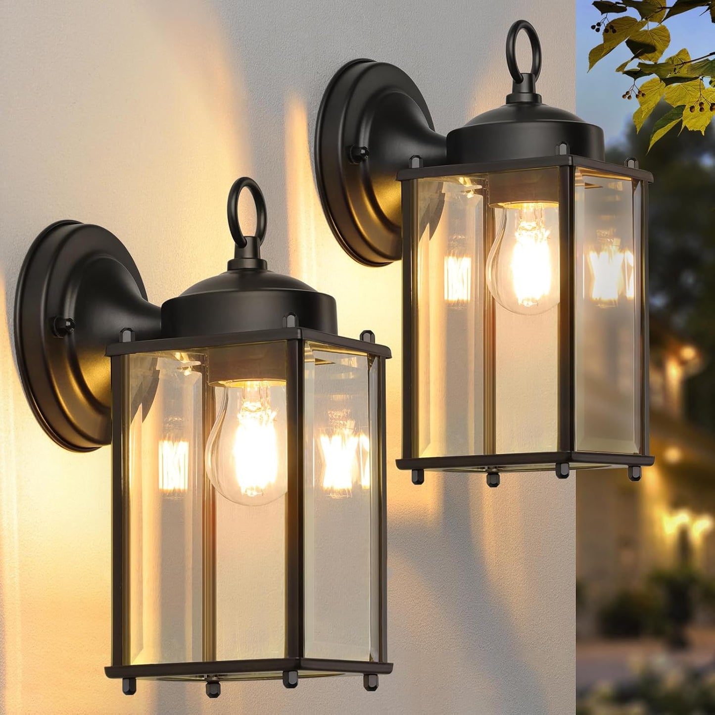 Outdoor Wall Lantern, Exterior Waterproof Wall Sconce Light Fixtures, Black Front Door Wall Lighting with Clear Beveled Glass Shade, 2 Pack