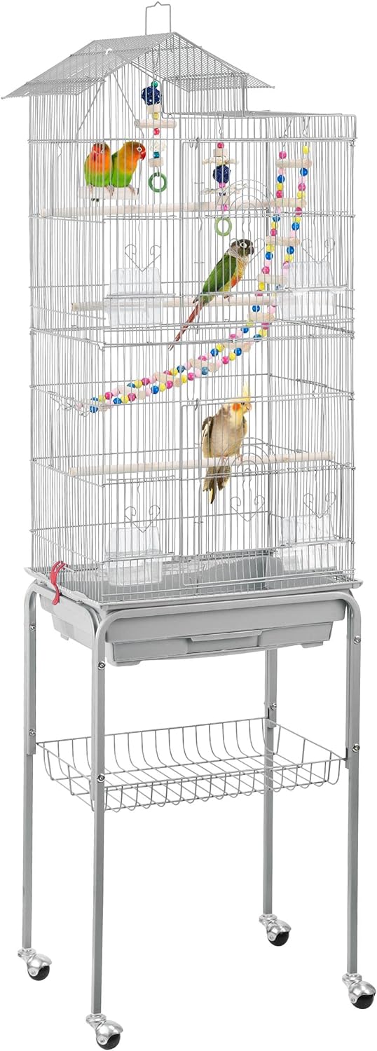 Yaheetech Bird Cage 64-inch Play Open Top Medium Small Parrot Parakeet Bird Cages with Detachable Rolling Stand for Parrot Lovebirds Finches Parakeets Budgie Parrotlet Conures, Pet Flight Birdcage
