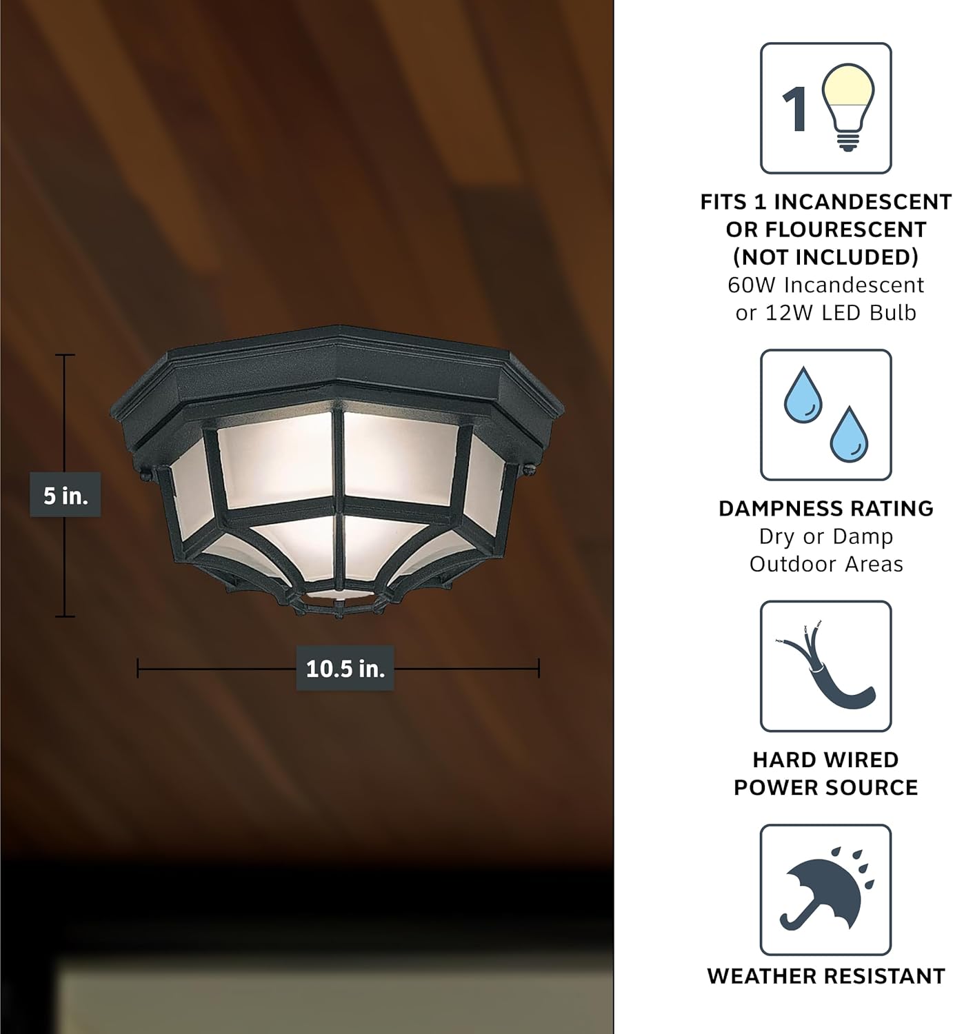 Designers Fountain 2067-BK Builder Cast Outdoor Flush Mount Ceiling Light, 10.5 in W, Black