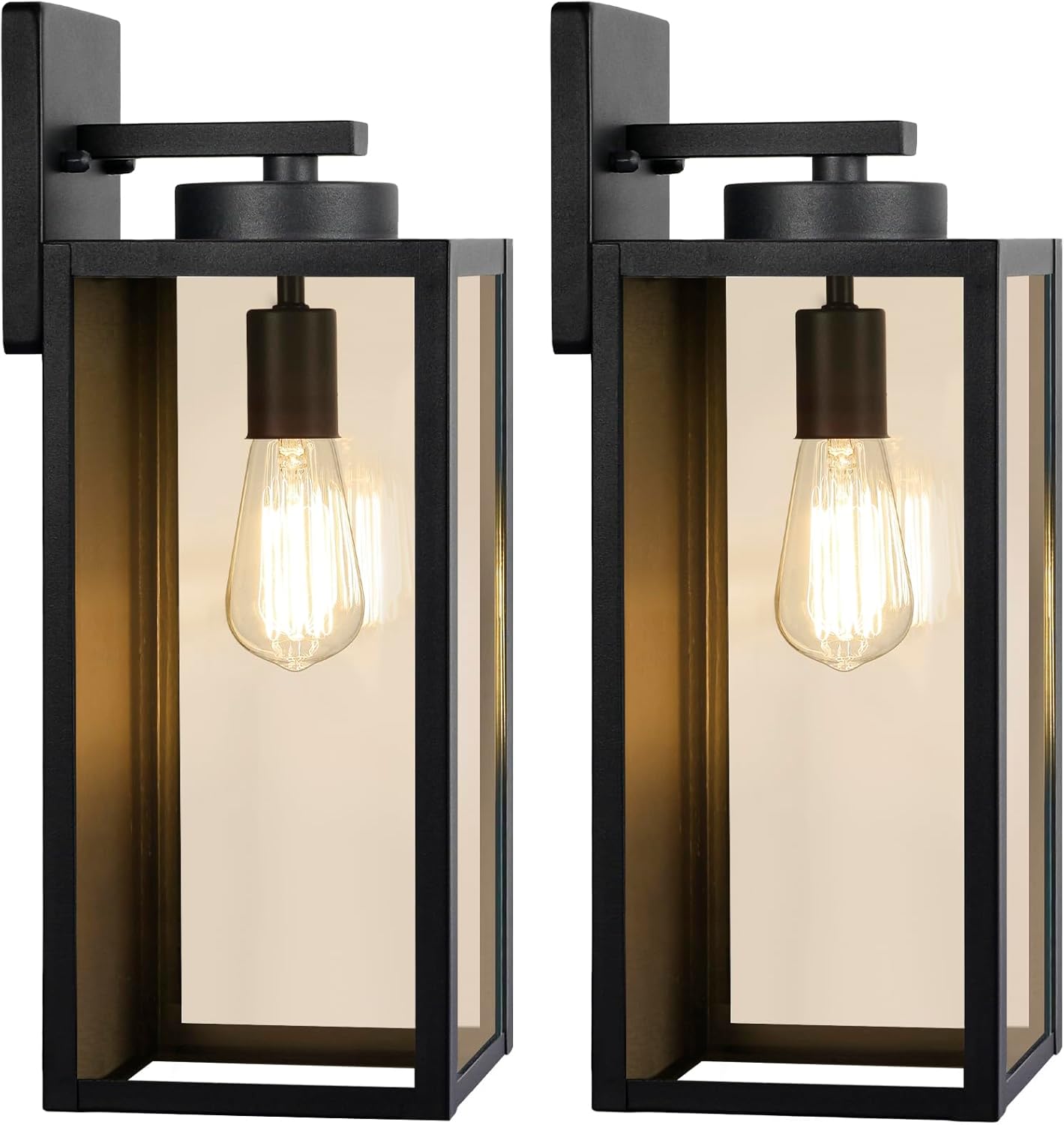 Outdoor Wall Light Fixtures, Exterior Waterproof Lanterns, Porch Sconces Wall Mounted Lighting with E26 Sockets & Glass Shades, Modern Matte Black Wall Lamps for Patio Front Door Entryway, 2-Pack