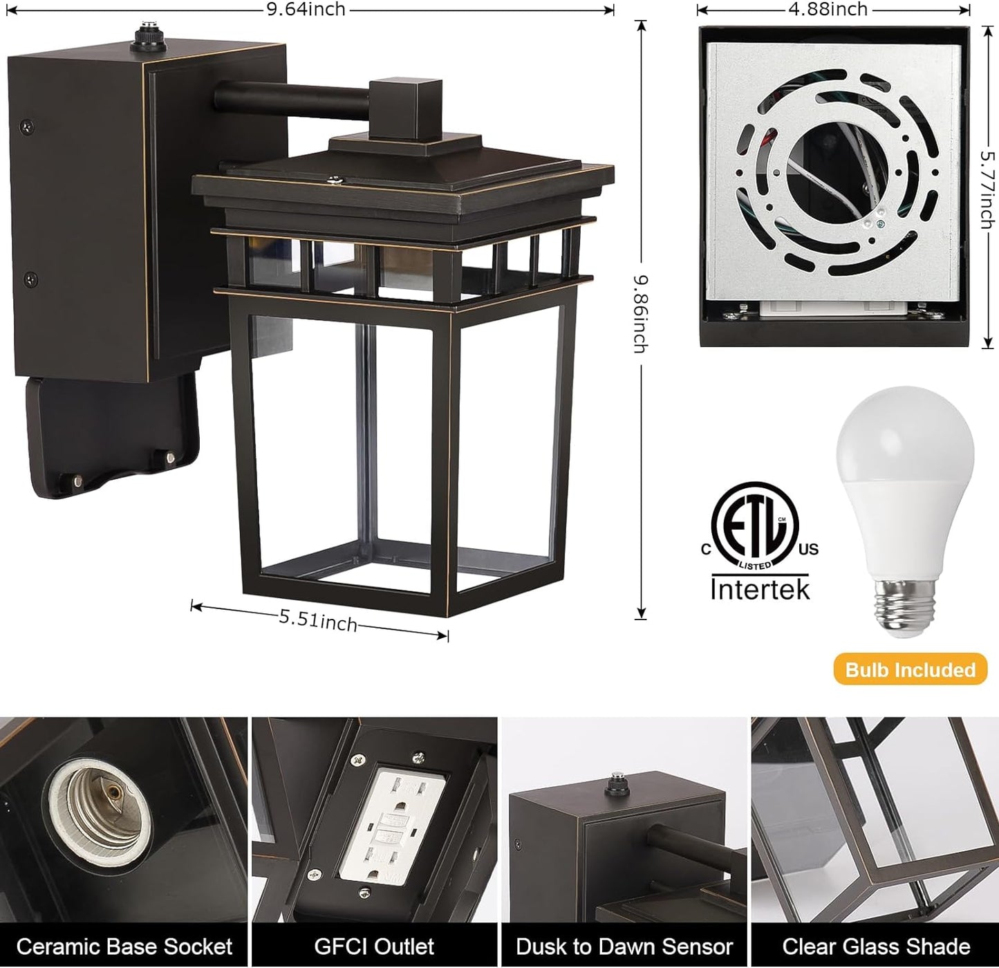 Porch Light with GFCI Outlet Built in, Dusk to Dawn Outdoor Lighting with Outlet, Waterproof Anti-Rust Alunmium Exterior Wall Mount Fixture, Outside Light for House Garage Front Door, Bulb Included