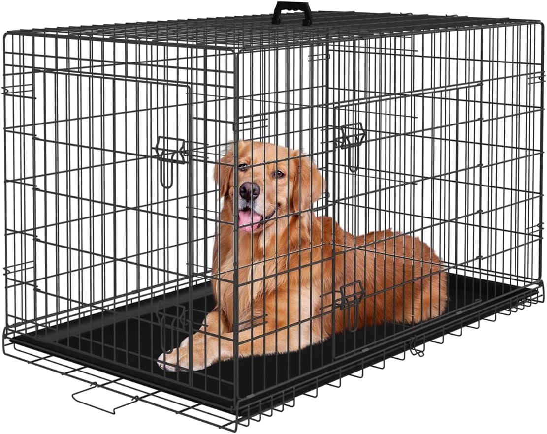 PayLessHere Small Dog Crate Kennel 24 inches Metal Dog Cage Double-Door Folding Travel Indoor Outdoor Puppy Playpen with Divider and Handle Plastic Tray,Black