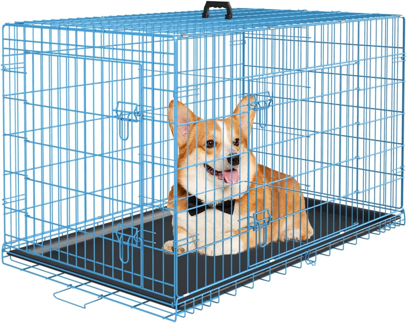 PayLessHere Small Dog Crate Kennel 24 inches Metal Dog Cage Double-Door Folding Travel Indoor Outdoor Puppy Playpen with Divider and Handle Plastic Tray,Black