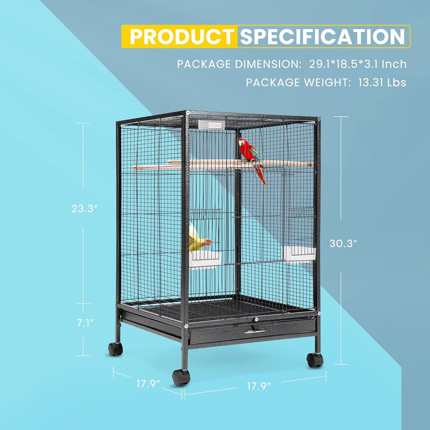 VIVOHOME 30 Inch Height Wrought Iron Bird Cage with Rolling Stand for Conures Lovebirds Cockatiels Finches, Black