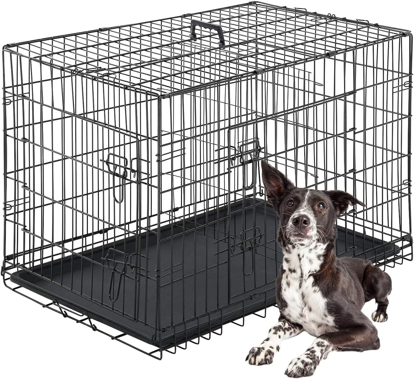 FDW Dog Crate Dog Kennel Cage with Double Door,36 inch Folding Metal Wire Dog Cage with Removable Tray&Divider Panel,Pet Crate for Medium Dogs,Black