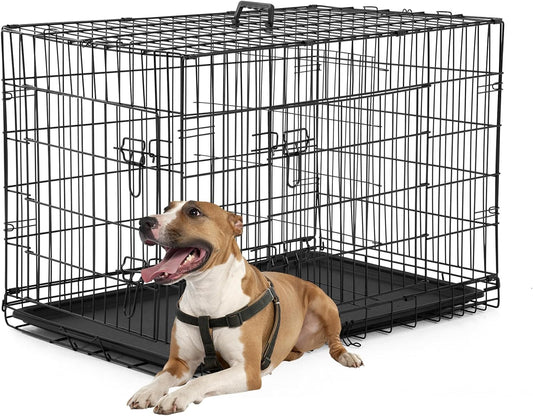 FDW Dog Crate Dog Kennel Cage with Double Door,36 inch Folding Metal Wire Dog Cage with Removable Tray&Divider Panel,Pet Crate for Medium Dogs,Black