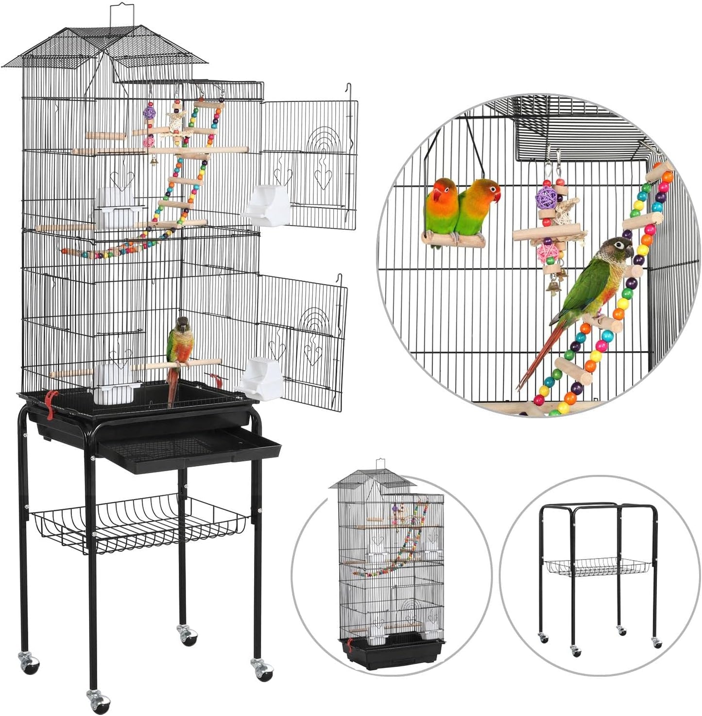 Yaheetech Bird Cage 64-inch Play Open Top Medium Small Parrot Parakeet Bird Cages with Detachable Rolling Stand for Parrot Lovebirds Finches Parakeets Budgie Parrotlet Conures, Pet Flight Birdcage
