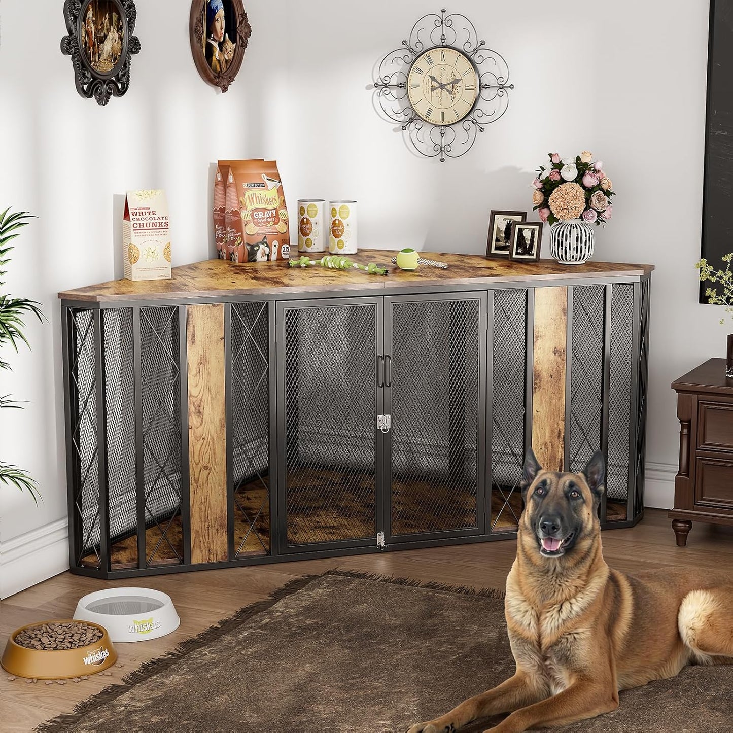 48'' Dog Crate Furniture with Removable Divider & Storage Drawers, Wooden Double Dog Cage TV Stand with 2 Sliding Barn Doors, Multi-Functional Dog Crate End Table for Indoor use (Retro Brown)