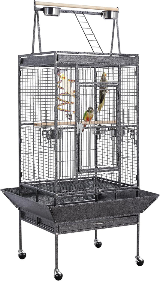 Yaheetech 69-inch Wrought Iron Rolling Large Parrot Bird Cage for African Grey Small Quaker Amazon Cockatiel Sun Parakeet Green Cheek Conure Dove Lovebird Budgie Play Top with Stand