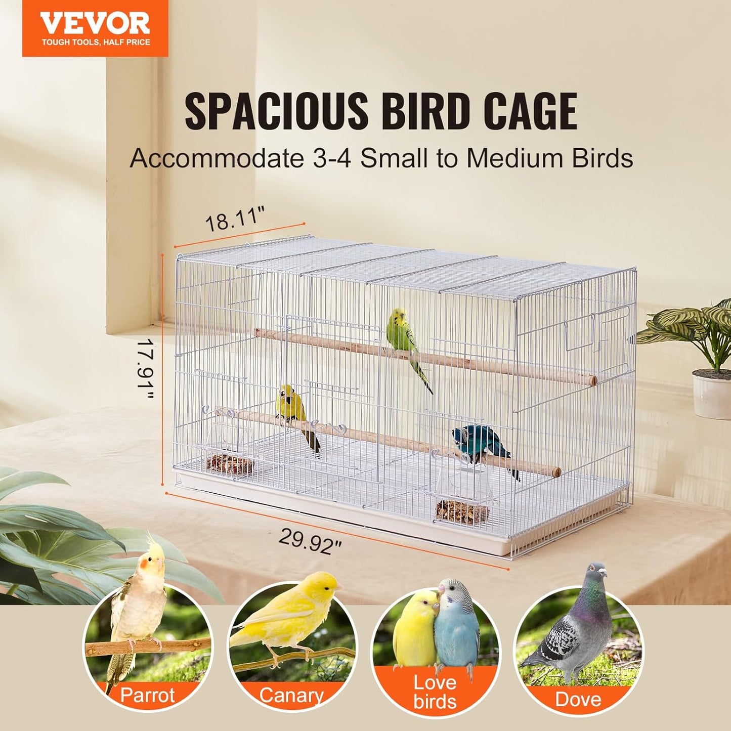VEVOR 30-inch Flight Bird Cage, Stackable Bird Cage for Small Parrots Canaries Cockatiels Lovebirds Finches Budgies Conures Macaws Pet Travel Birdcage with Handle and Perches
