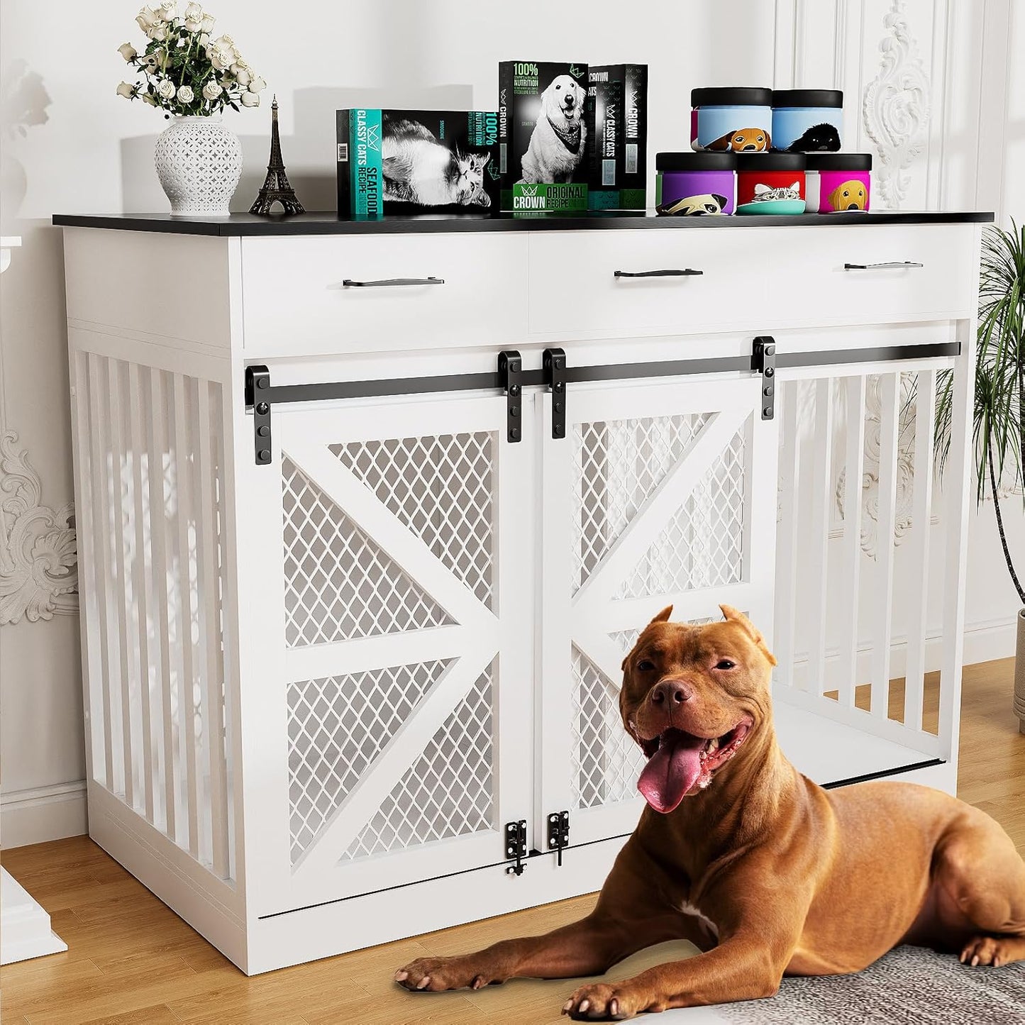 48'' Dog Crate Furniture with Removable Divider & Storage Drawers, Wooden Double Dog Cage TV Stand with 2 Sliding Barn Doors, Multi-Functional Dog Crate End Table for Indoor use (Retro Brown)