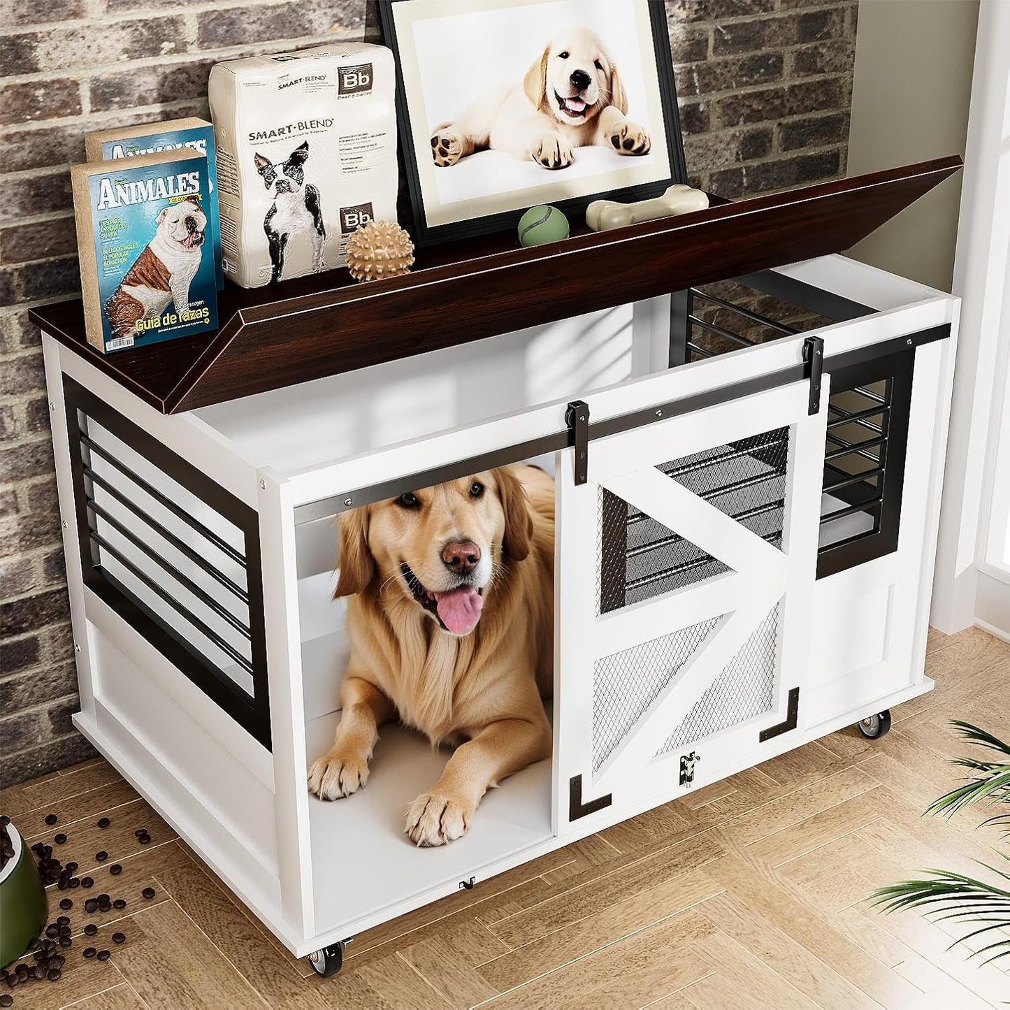 48'' Dog Crate Furniture with Removable Divider & Storage Drawers, Wooden Double Dog Cage TV Stand with 2 Sliding Barn Doors, Multi-Functional Dog Crate End Table for Indoor use (Retro Brown)