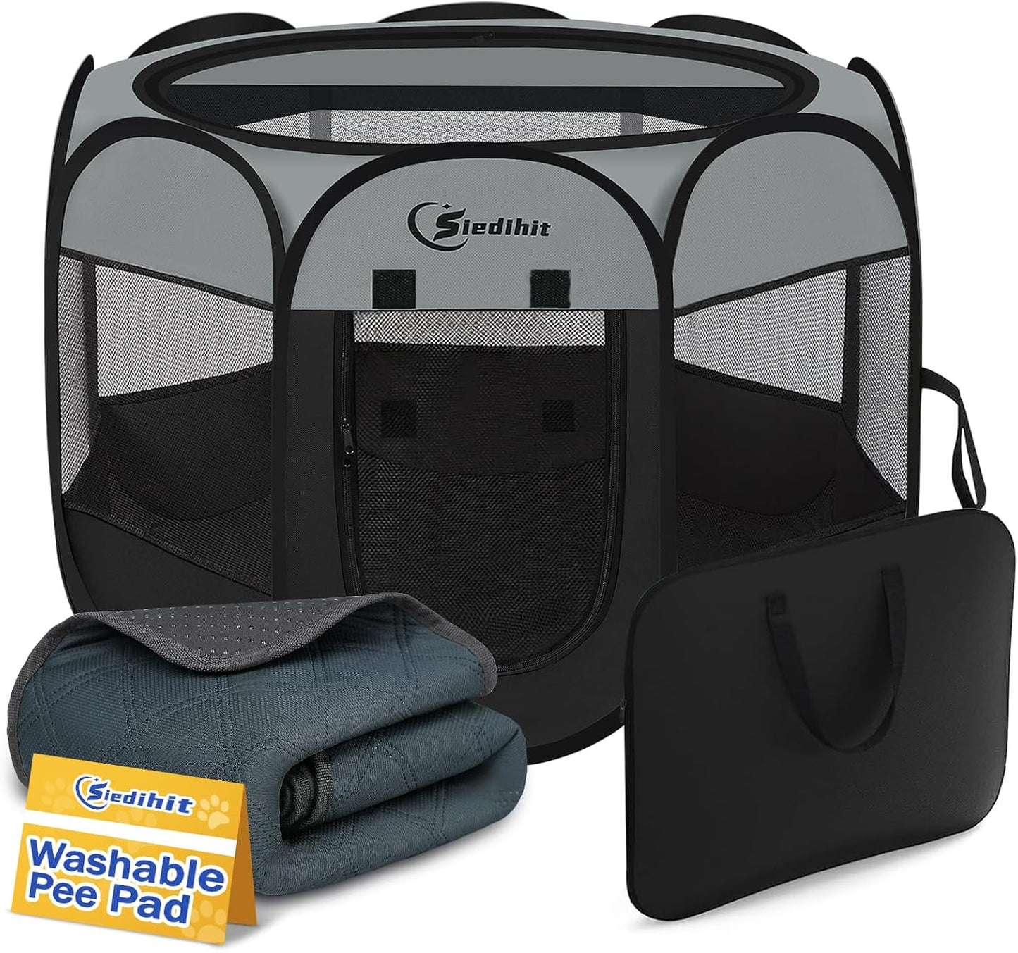 Dog Cat Playpen, Puppy Pet Playpen Indoor for Small Dogs Tent Crates Cage Outdoor, Portable Pop Up Dog Kennel Playpen with Carrying Case for Dogs/Cats/Rabbits, Removable Zipper Top, Grey