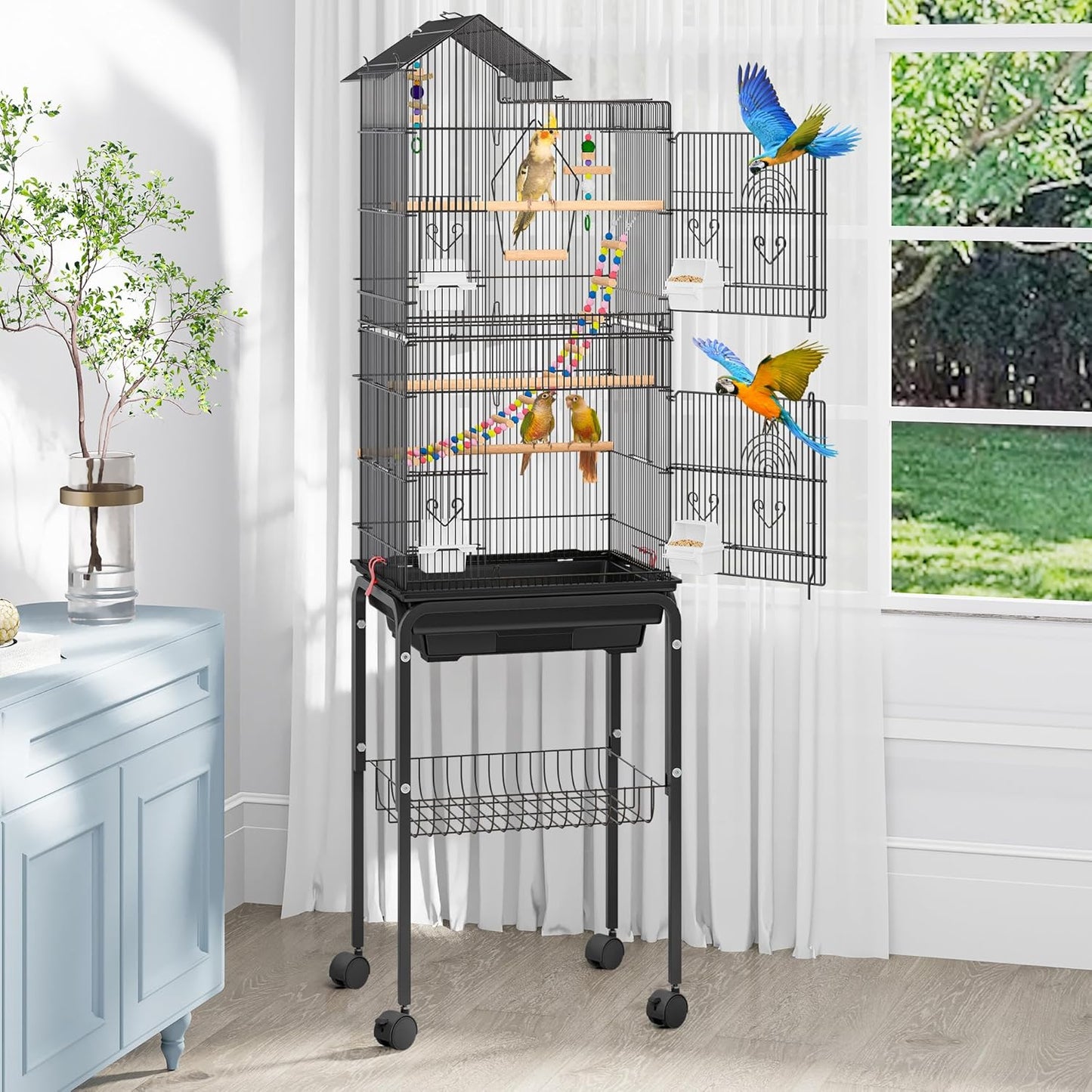 YITAHOME 62 inch Metal Bird Cage, Large Parakeet Cages for Parrot, Cockatiel, Lovebird, Pigeon with Roof Top, Rolling Stand and Hanging Accessories, White