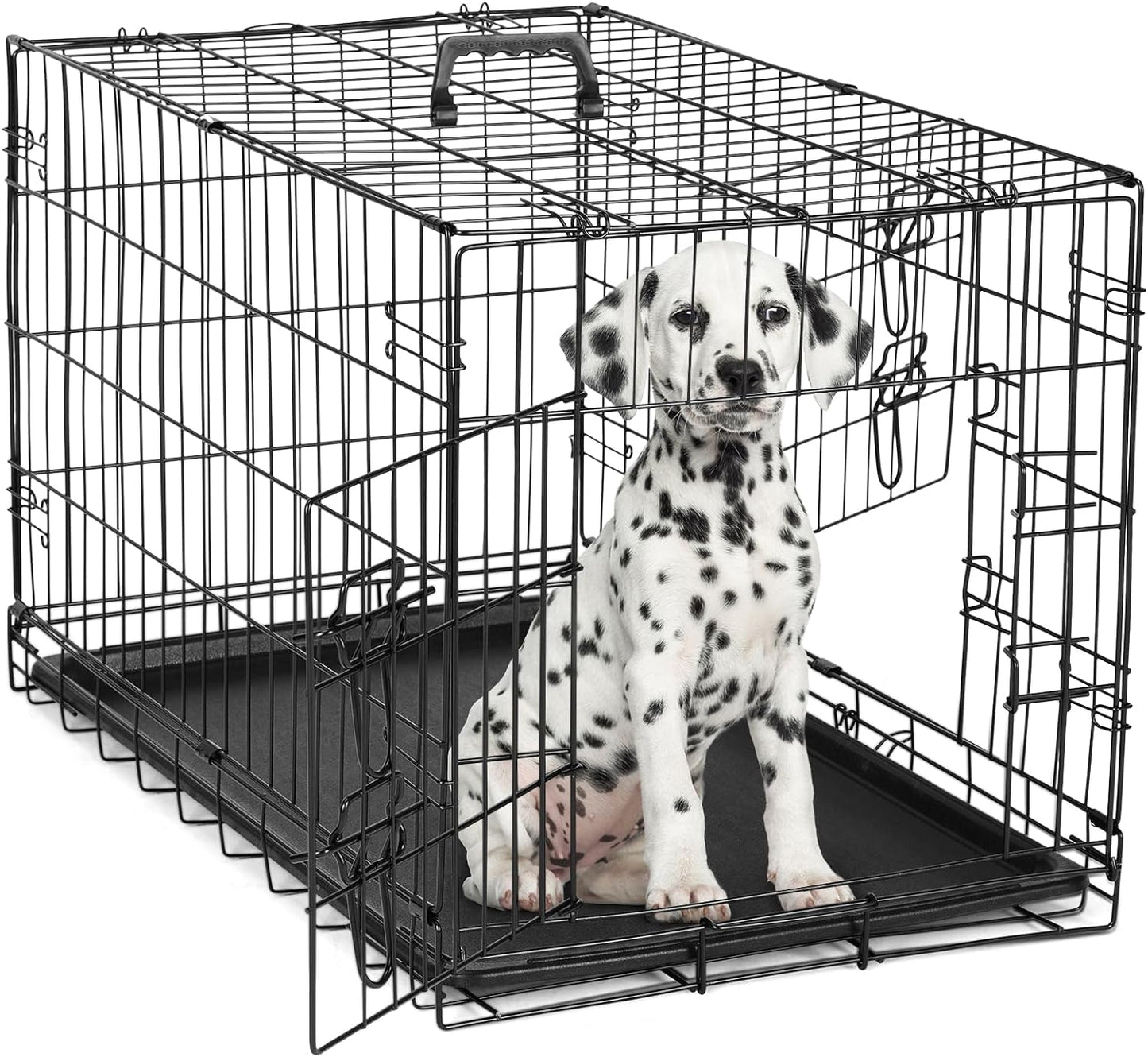 DUMOS Dog Crate, 36 Inch Medium Double Door Dog Cage with Divider Panel and Plastic Leak-Proof Pan Tray, Folding Metal Wire Pet Kennel for Indoor, Outdoor, Travel