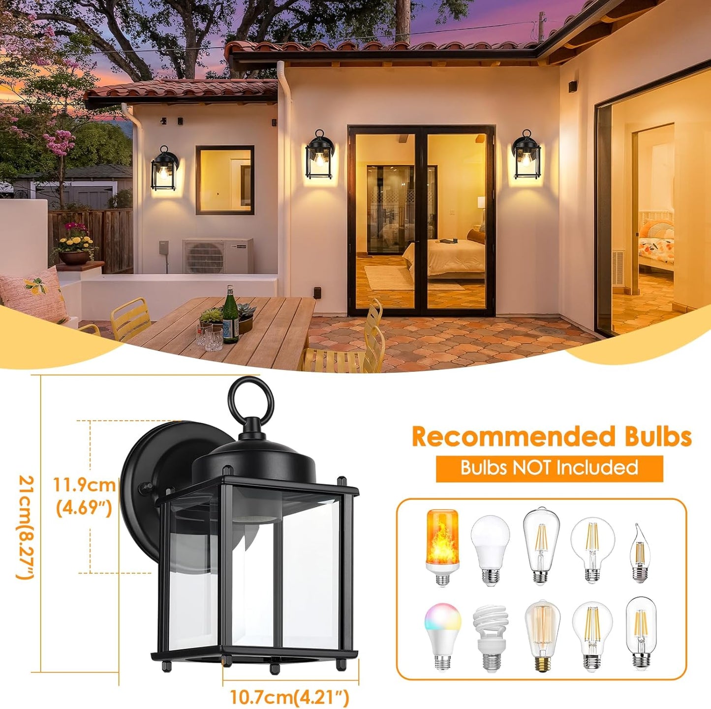 Outdoor Wall Lantern, Exterior Waterproof Wall Sconce Light Fixtures, Black Front Door Wall Lighting with Clear Beveled Glass Shade, 2 Pack