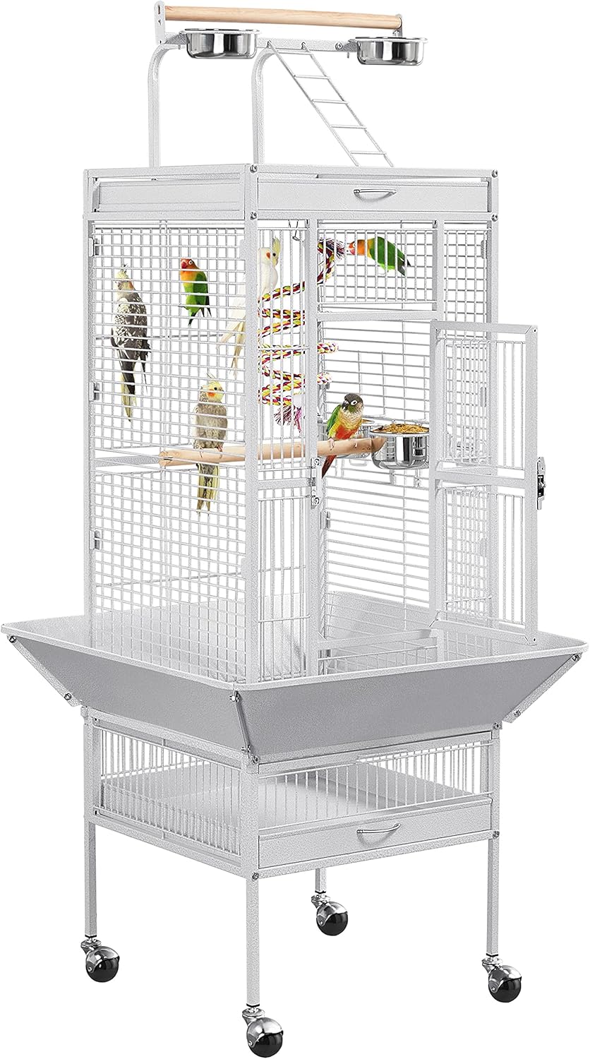 Yaheetech 61-inch Playtop Wrought Iron Large Parrot Bird Cages with Rolling Stand for Cockatiels Amazon Parrot Quaker Conure Parakeet Lovebird Finch Canary Small Medium Parrot Cage Birdcage, Black