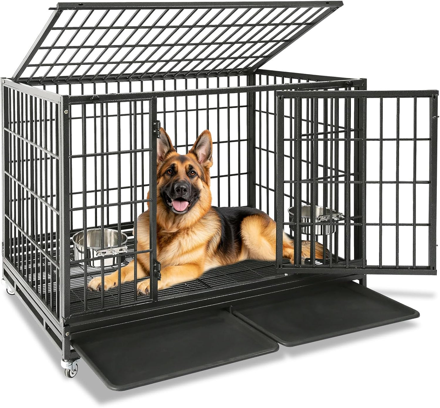 Homey Pet 37 inch Stackable Heavy Duty Dog Crate, Indestructible Escape Proof Dogs Cage Kennel with Lockable Wheels, Removable Tray & Metal Grid, Double Doors for High Anxiety Medium/Small Dogs
