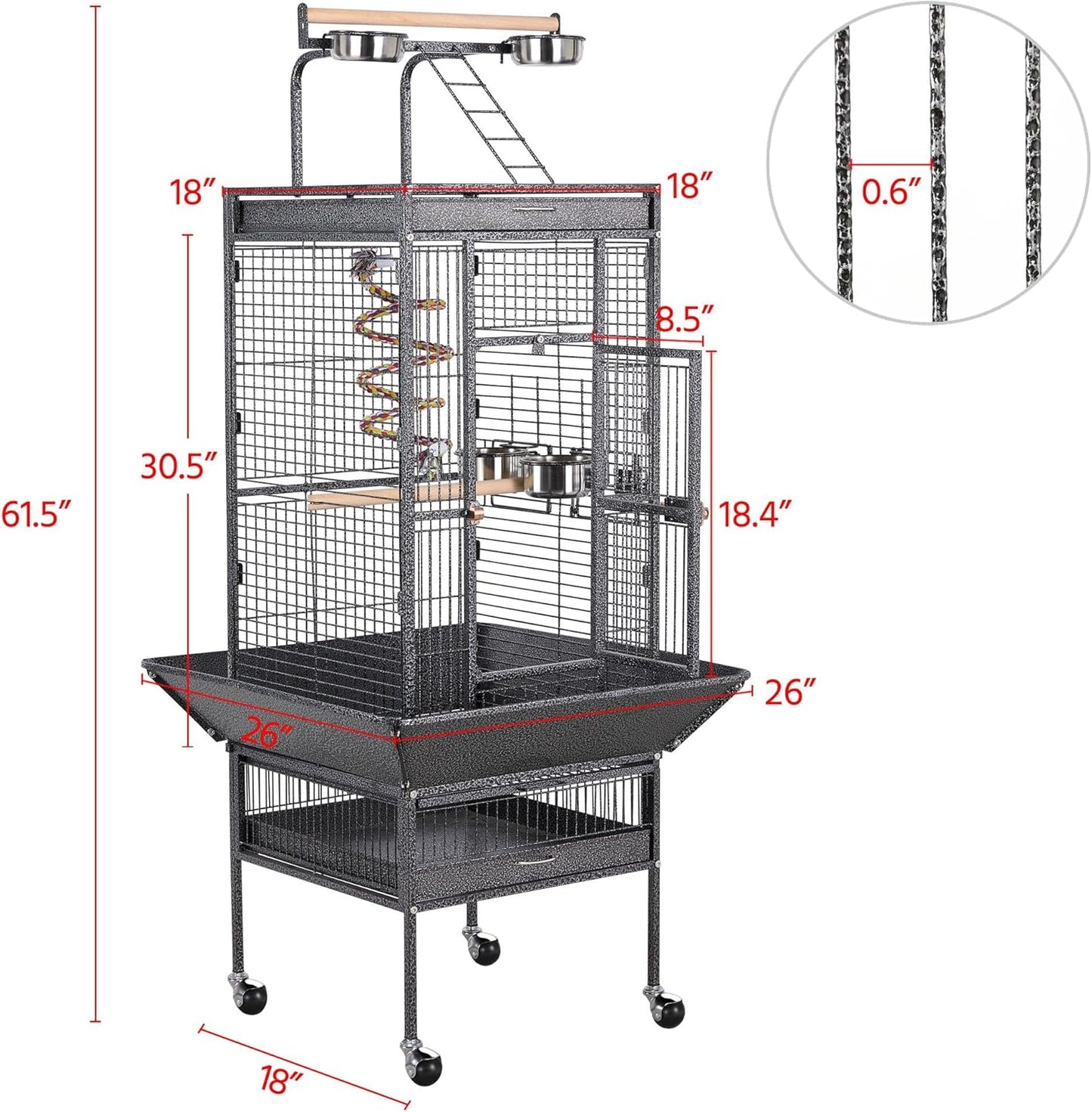 Yaheetech 61-inch Playtop Wrought Iron Large Parrot Bird Cages with Rolling Stand for Cockatiels Amazon Parrot Quaker Conure Parakeet Lovebird Finch Canary Small Medium Parrot Cage Birdcage, Black