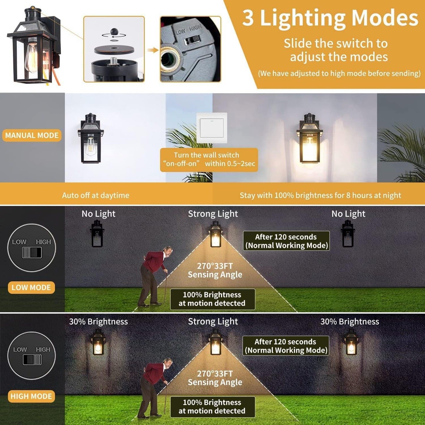 Porch Lights with GFCI Outlet, Dusk to Dawn Outdoor Lights with Outlet, 3 Lighting Modes Exterior Light Fixture Waterproof, Outside Lights for House Front Door Patio Garage
