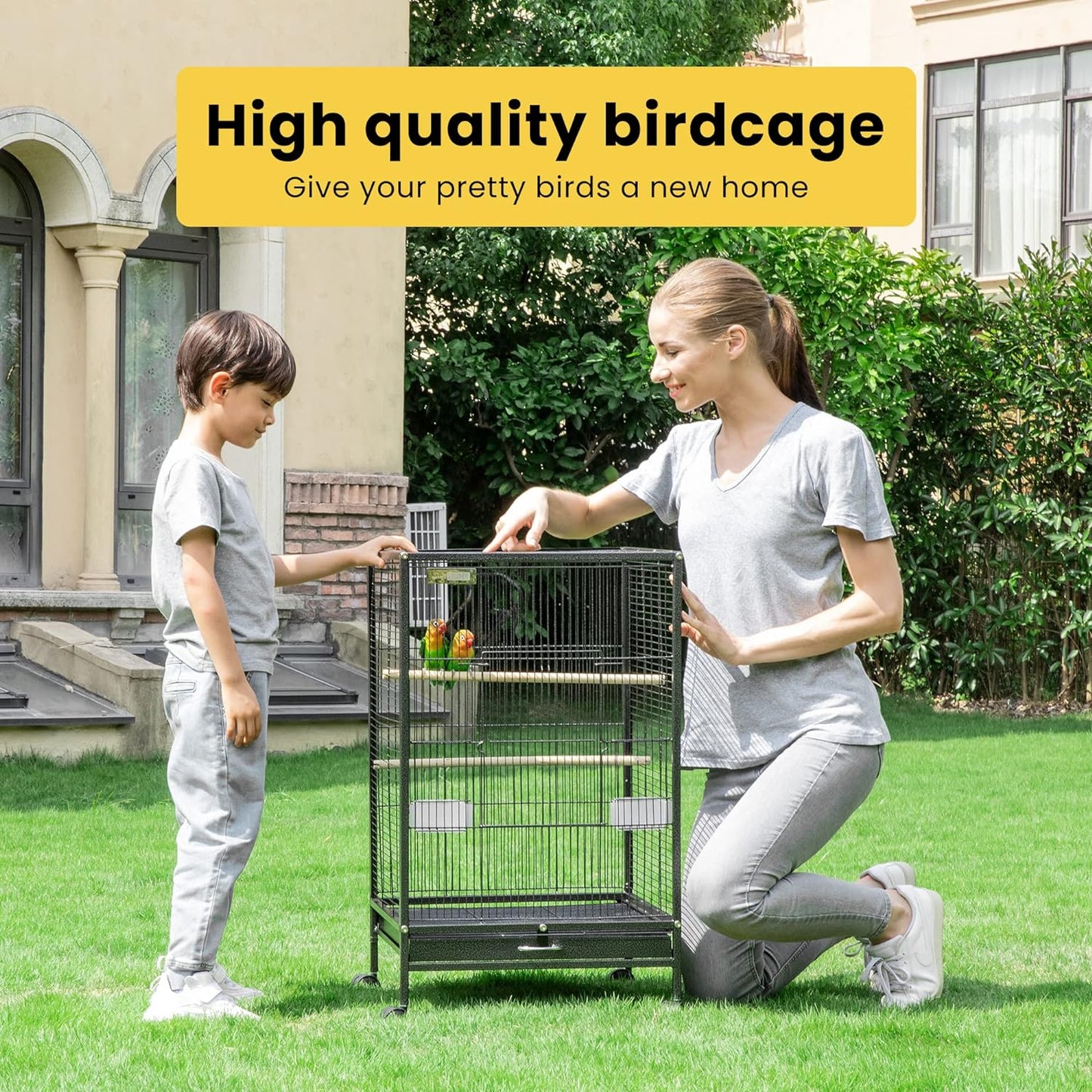 VIVOHOME 30 Inch Height Wrought Iron Bird Cage with Rolling Stand for Conures Lovebirds Cockatiels Finches, Black