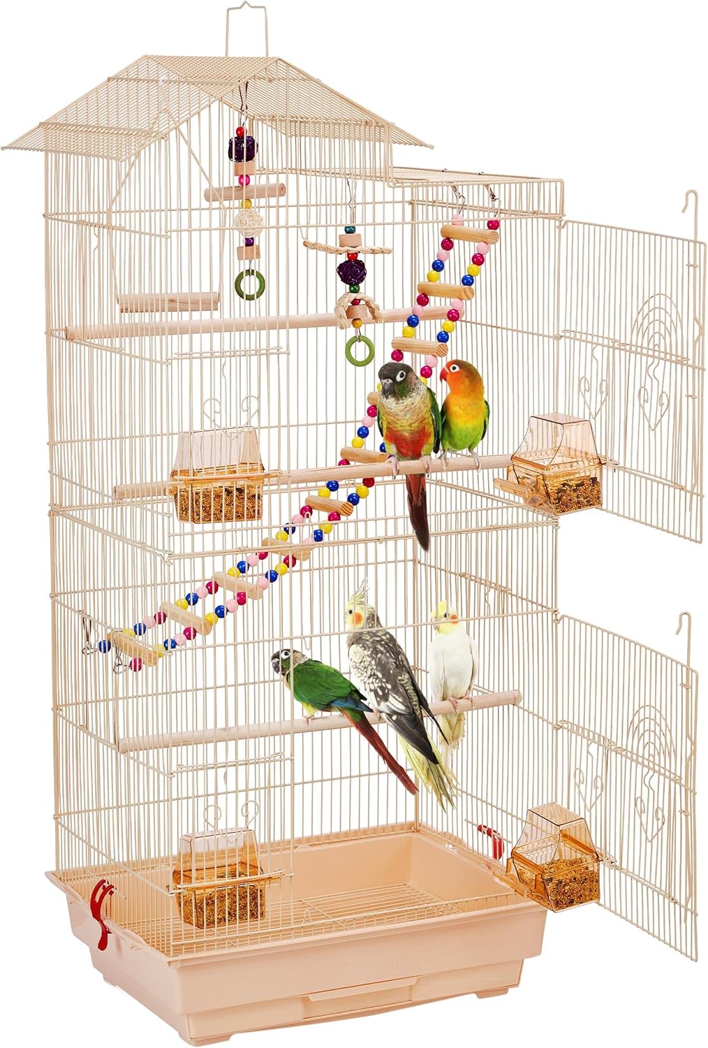 Yaheetech 39-inch Roof Top Medium Parakeet Bird Cages for Cockatiels Conures Finches Budgies Canaries Lovebirds Parakeets Green Cheek Small Birds Parrots, Travel Flight Birdcage w/Toys, White